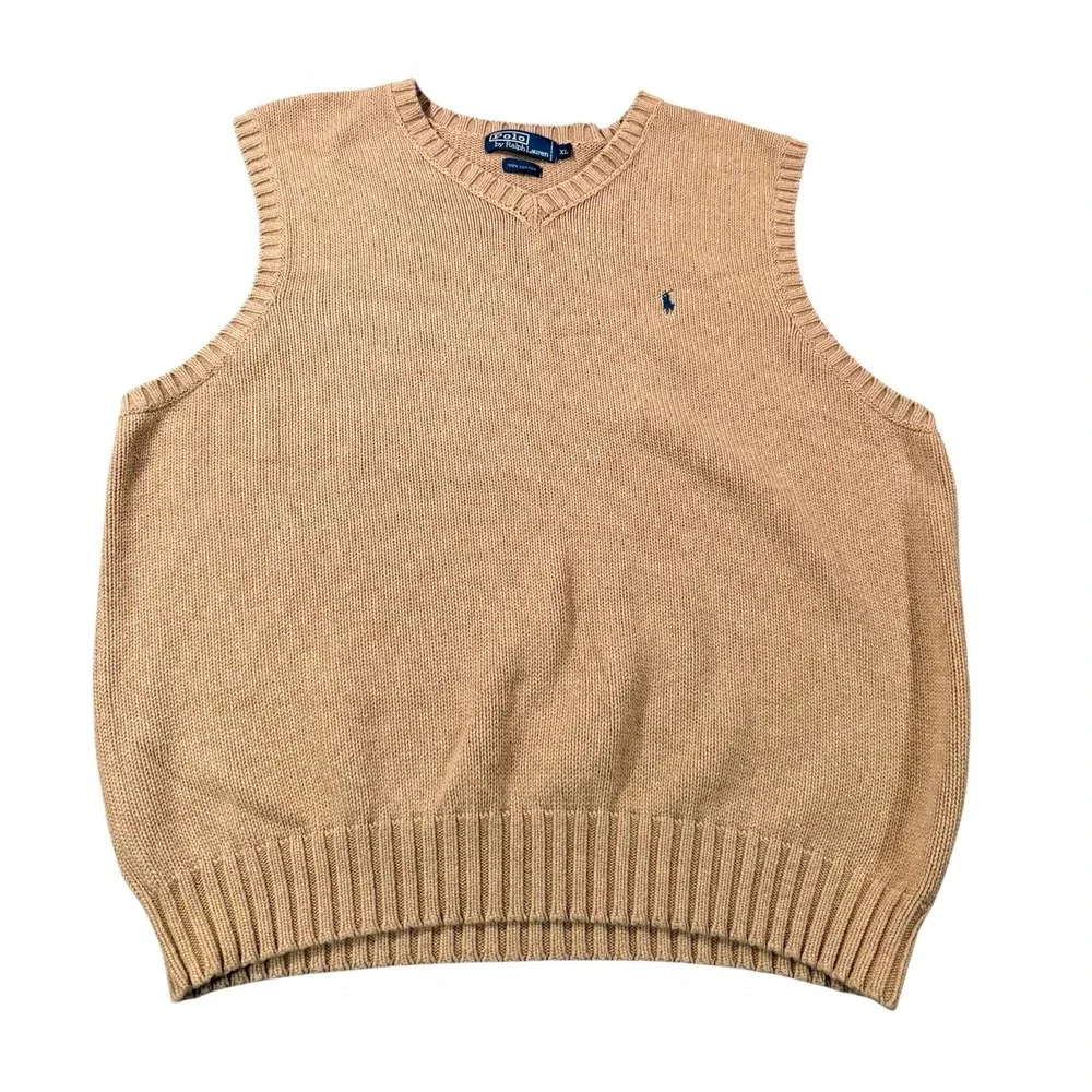 Polo by Ralph Lauren Men's XL Beige Cotton V-Neck Sweater Vest Polo Pony Logo